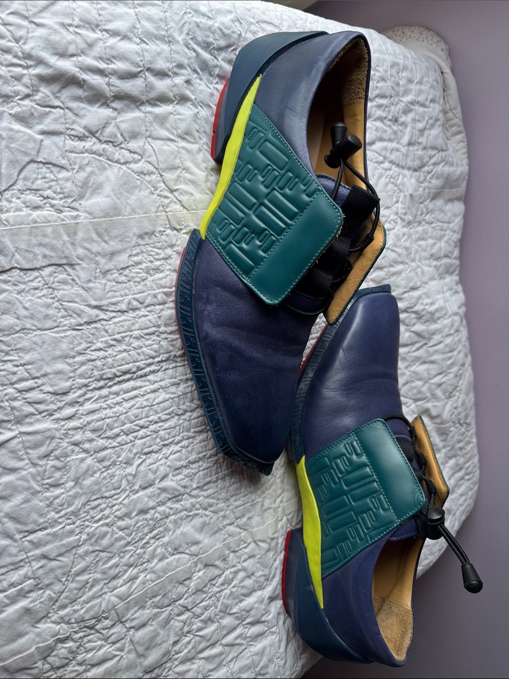 John Fluevog Navy, Green, and Yellow Leather Oxfords - Picture 7 of 13